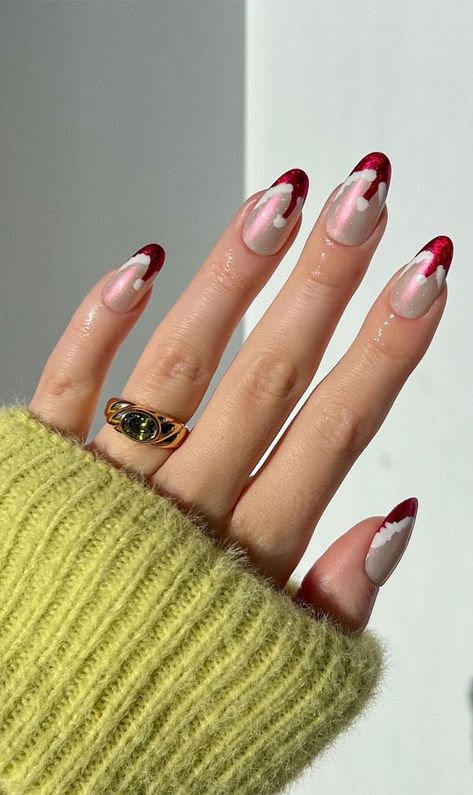 red nails, red christmas nails, festive nails, red almond nails, snowflake red nails, christmas nail design Festive Nails Christmas, Simple Nail Designs Short, White Nails Christmas, French Nails White, Santa Hat Nails, Nail Art Designs Christmas, Nail Designs Red, Nail Designs Black, Nail Art White