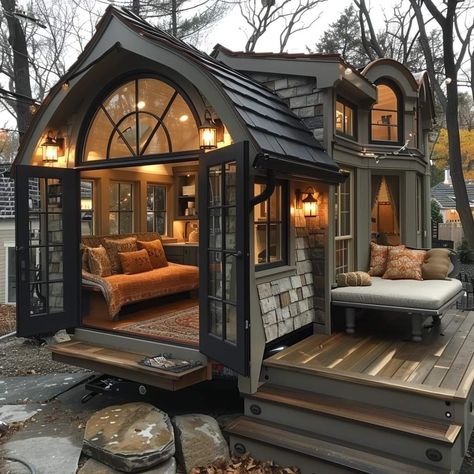 Tiny House Design Cabin, Gothic Tiny House, Unique Cabin, Curved Patio, Family Of 7, Old High School, Tiny House Camper, Tiny House Plan, Tiny House Community