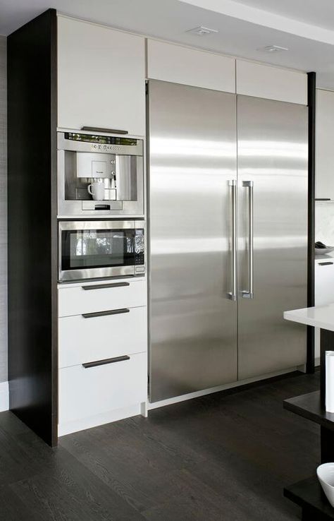 As you can see, it isn’t too hard to fit cabinets around the refrigerator in an efficient way! More decor and other interesting ideas at hackthehut.com Integrated Refrigerator, Small Modern Kitchen Design, Built In Coffee Maker, Small Modern Kitchens, Outdoor Kitchen Appliances, Coffee Bars In Kitchen, Basic Kitchen, Classic Kitchen, White Cabinetry