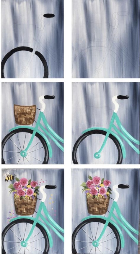 Bike Painting Canvas, Canvas Painting Tutorial, Formal Elements Of Art, Spring Bicycle, Bike Painting, How To Make Canvas, Bicycle Painting, Bicycle Crunches, Canvas Painting Tutorials