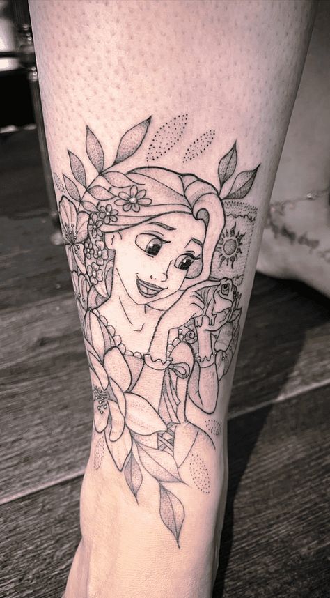 Tangled Tattoo Design Images (Tangled Ink Design Ideas) Rapunzel Tangled Tattoo, Repunzal Tattoos, Tangled Rapunzel Tattoo, Rapunzel Flower Tattoo, Tangled Tattoo Ideas, Rapunzel Tattoo Ideas, Tangled Flower Tattoo, Princess Tattoo Ideas, Rapunzel Tattoo