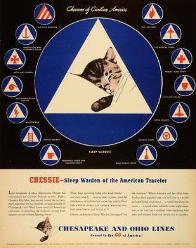 1942 Ad Chesapeake Ohio Railway Chessie Cat WWII War Transportation Army Symbols (04/19/2012) Chessie Cat, Vintage Black Cat Poster, Wwii Propaganda Posters America, Vintage British Railway Posters, Army Symbol, Train Whistles, Gwr Railway Posters, Civil Defense, Train Board