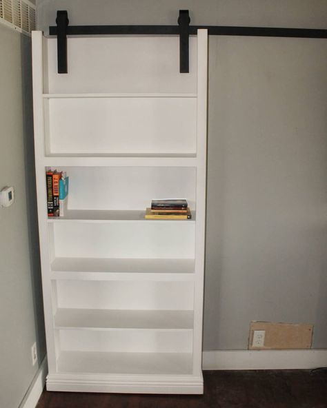 Finished up the sliding bookcase and it is now in its new home. Pretty happy with how this one turned out. #woodworking #slidingbookcase Bookshelf Barn Door, Bookcase Closet Door, Bookshelf Sliding Door, Sliding Bookshelf Door Diy, Bookcase Sliding Door, Barn Door With Shelves, Sliding Bookshelf Door, Sliding Bookcase Door, Sliding Bookshelf