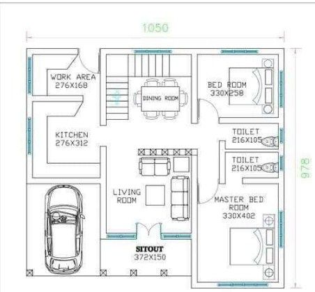 Two Bedroom Floor Plans India, 2BHK Home Design Traditional, Living Room 1000 Sqft House Plans 2 Bedroom, Two Bedroom Floor Plan, Comfy Space, Small House Exterior, 2bhk House Plan, Indian House Plans, House Outer Design, Small House Elevation, Small House Front Design