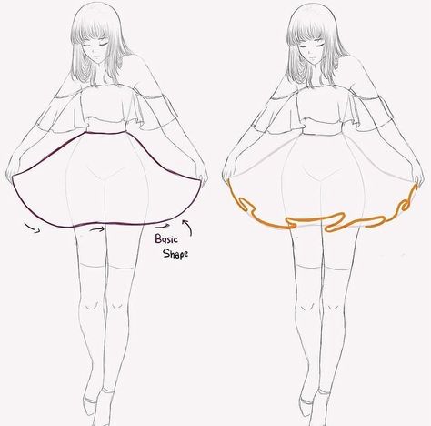 Dress Drawing Sketches Skirt, Draw Ruffle Skirt, How To Draw Skirts Ruffles, Frilly Skirt Drawing Reference, How To Draw Puffy Dresses, Skirt Frills Drawing, Puffy Skirt Drawing Reference, Fluffy Dress Drawing Reference, How To Draw Puffy Skirts