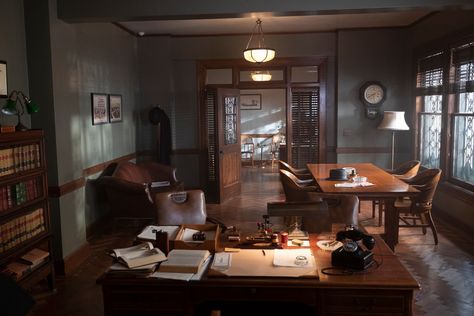 Perry Mason Aesthetic, Detective Office, Spanish Style Furniture, Matthew Rhys, Noir Detective, Lawyer Office, Detective Aesthetic, Perry Mason, Colonial Furniture