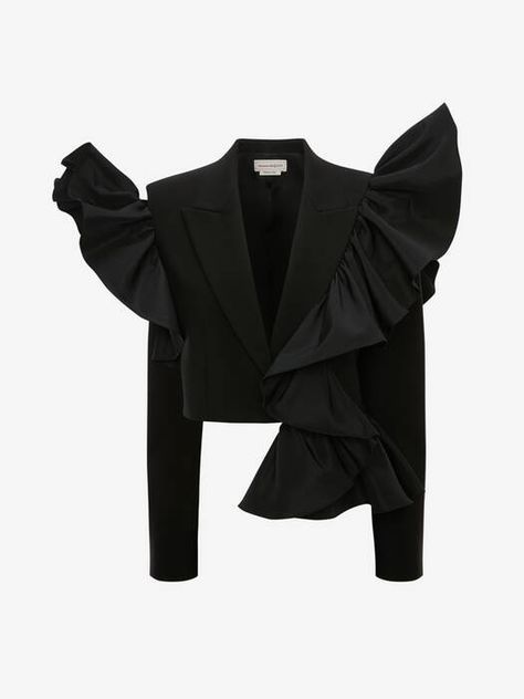 Women's Ready-to-wear Collection | Alexander McQueen BE Black Alexander Mcqueen, Lamb Leather Jacket, Alexander Mcqueen Fashion, Ruffle Jacket, Piece By Piece, Cropped Blazer, Mode Inspo, Black Ruffle, Suit Fashion