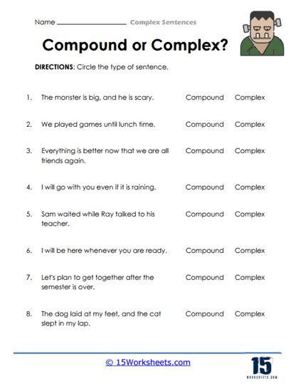 Compound Sentences Worksheets, Simple Compound Complex Sentences, Compound Complex Sentences, Writing Complex Sentences, Compound And Complex Sentences, Complex Sentence, Complex Sentences Worksheets, Sentences Worksheet, Subordinating Conjunctions