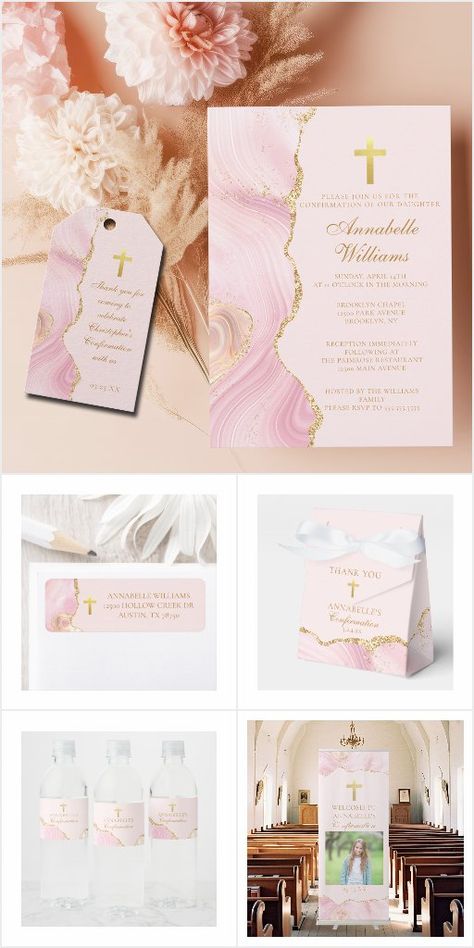 Confirmation Ideas, Confirmation Invitations, Beautiful Cross, Chic Pink, Pink Gold, Pretty In Pink, Pink And Gold, Agate, How To Plan