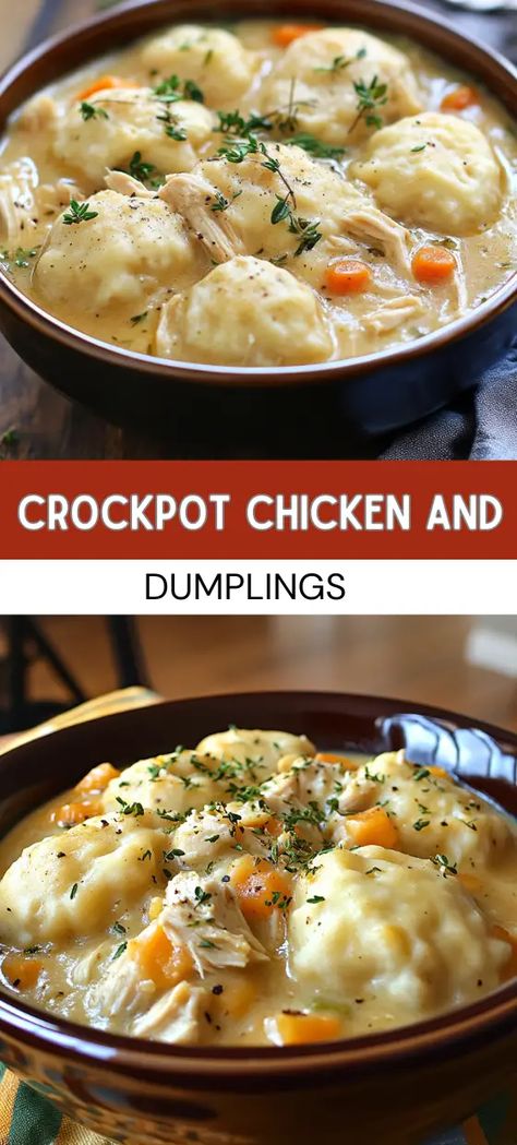 CrockPot Chicken and Dumplings Chicken And Dumpling Soup, Skinnyish Dish, Crockpot Chicken And Dumplings, Crockpot Meal, Dumpling Soup, Chicken Dumplings, Homemade Dumplings, Dumpling Recipe, Cook Chicken Breast