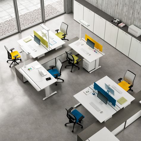 Open Office Workstations Design, Open Desk Office, Office For Four People, Open Office Layout Work Stations, 4 Person Office Layout, Team Office Space Ideas, Small Team Office, Team Office Design, Open Concept Office Space Layout