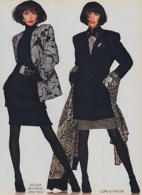 Escada Fall/Winter 1988. Models Brynja Sverris, Gail Elliott. Vogue US september 1988. Justaguy on thefashionspot.com. 1980s Clothes, 1980s Glamour, Motif Soutache, 1980 Fashion, Fashion 80s, 80s And 90s Fashion, Fashion Hijab, 1980s Fashion, The 1980s