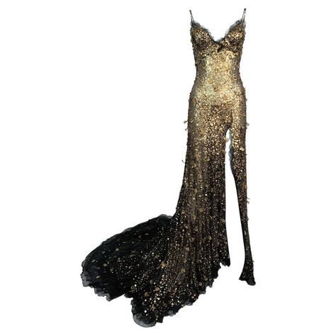 https://www.1stdibs.com/fashion/clothing/evening-dresses/f-w-2004-donna-karan-sheer-black-mesh-gold-embellished-gown-dress-w-train/id-v_13819072/ Dress With Train, Gold Gown, Red Carpet Gowns, Designer Evening Dresses, Embellished Gown, Runway Dresses, Couture Details, Gala Dresses, Gown Dress