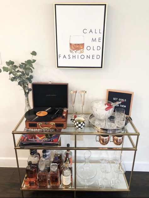 Decor Above Bar Cart, Bar Cart With Record Player, Record Player Bar Cart, Bar Cart Artwork, Bar Cart Area, Mini Bar At Home, Apartment Bar, Home Bar Ideas, Modern Bar Cart