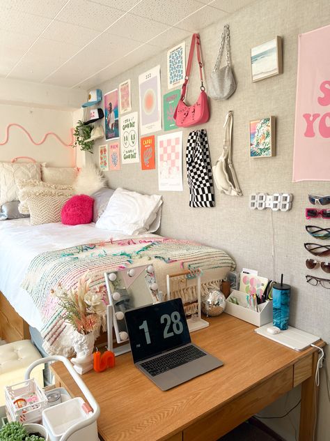 room aesthetic
cute room
room ideas
colorful room
pastel room
dorm room
dorm inspiration College Of Charleston Dorm Room, Dorm Decor Colorful, College Dorm Esthetic, Colorful Dorm Room Ideas Preppy, Best Dorm Room Layout, Dorm Room Wall Prints, College Dorm Rug, Dorm Room Inspo Colorful, Dorm Desk Inspo Aesthetic