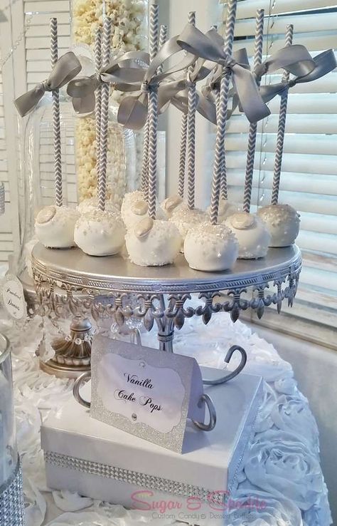 Perfect for a 25th silver anniversary party! Glam Engagement Party, Engagement Party Desserts, Engagement Party Cookies, Silver Anniversary Party, Winter Engagement Party, 25th Wedding Anniversary Party, 25th Anniversary Party, Bridal Shower Desserts, Engagement Dinner