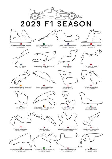 F1 Race Calendar 2023, Formula 1 2023 Calendar, F1 2023 Calendar, F1 Tracks, F1 Calendar, Season Calendar, F1 2023, F1 Art, Poster White