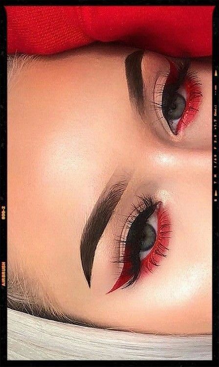 Make Up With Red Eyeliner, Cute Cowgirl Makeup, Red Liner Eye Makeup, Red Liner Looks, Red And Black Eyeliner Looks, Prom Makeup For Blue Eyes Red Dress, Red Hair Eye Makeup, Red Eyeliner Ideas, Makeup With Red Eyeliner