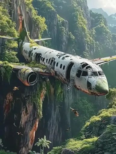 ↑↑↑ Larger size on website 🔸 The image depicts a crashed airplane nestled within a lush, green jungle. The plane is partially emb Crashed Airplane, Crashed Plane, Rocky Cliff, Green Jungle, A Plane, Birds Flying, Lush Green, Art Images, Lush