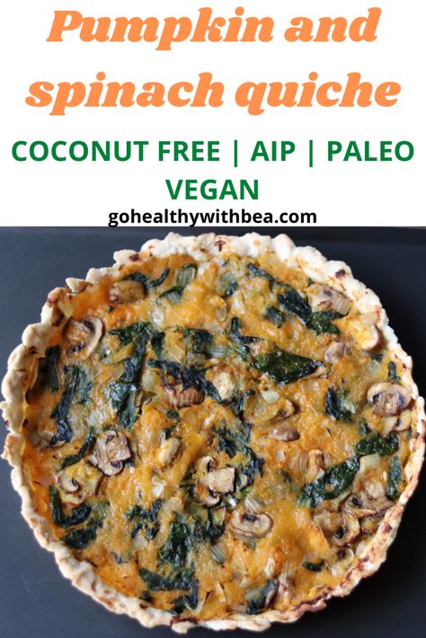 Try this healthy and easy gluten free, dairy free pumpkin, spinach and mushroom quiche. This recipe can be made with bacon or you can make it vegan whatever you choose, it is AIP, paleo and coconut free thanks to the cassava flour pie crust! Spinach And Mushroom Quiche, Pumpkin Quiche, Aip Baking, Pumpkin Spinach, Aip Diet Recipes, Aip Breakfast, Mushroom Quiche, Spinach And Mushroom, Autoimmune Recipes