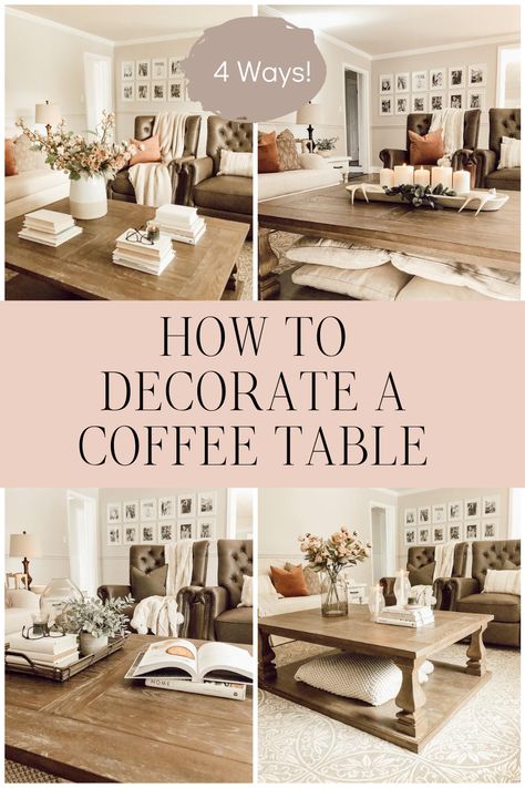 Square Coffee Table Styling Farmhouse, Large Coffee Table Decor, Easter Coffee Table Decor, Coffee Table Styling Living Rooms, Square Coffee Table Decor, Square Coffee Table Styling, Wood Coffee Table Decor, Decorate A Coffee Table, Modern Coffee Table Decor