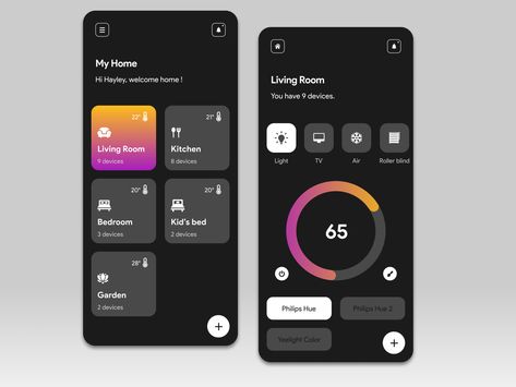 Black App Design, Dark App Design, Smart Home App Ui, Smart Home App Design, Mobile Application Ui, Application Ui Design, App Design Trends, Dashboard Mobile, Android Design