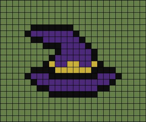 A pixel art template of a purple Witch hat with a bit of yellow. Pixel Art Halloween, Pixel Beads, Graph Paper Drawings, Halloween Clothes, Easy Pixel Art, Pixel Art Templates, Pixel Drawing, Pixel Art Grid, Pix Art