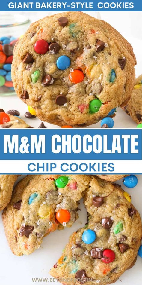 These Giant Chocolate Chip M&M Cookies are thick, chewy, and about the size of your hand! With crisp edges and a gooey center, plus loads of chocolate. You'll love these bakery-style chocolate chip cookies. M M Chocolate Chip Cookies Recipe, Jumbo Cookies Recipes, Bakery Style Cookie Recipes, Big Soft Cookies, Big M&m Cookies, Big Cookies Recipes, Large Chocolate Chip Cookie Recipe, Giant Cookies Recipes, Large Bakery Style Cookies