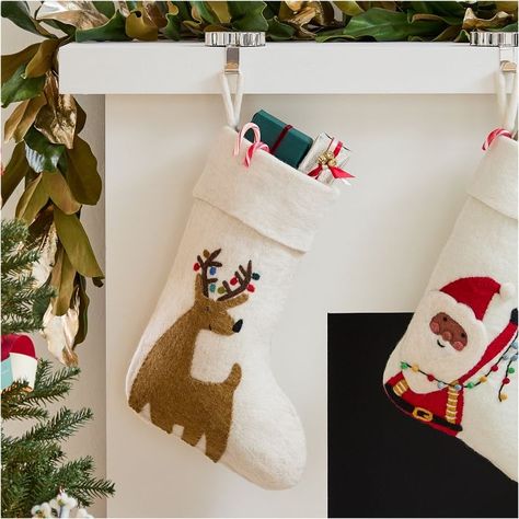 Felt Reindeer Stocking | West Elm Felt Stockings Christmas, Santa Says, Kids Holiday Decor, Felt Reindeer, Reindeer Stocking, Decorated Stockings, Stair Rail, Felt Stocking, Email Branding