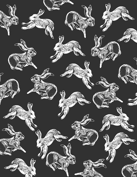 Hare repeat pattern by Charlotte Neve. Easter Pattern Background, Black And White Repeating Pattern, White Rabbit Wallpaper, Rabbit Background, Whimsical Bunny, Rabbit Wallpaper, Conversational Prints, Rabbit Illustration, White Rabbits