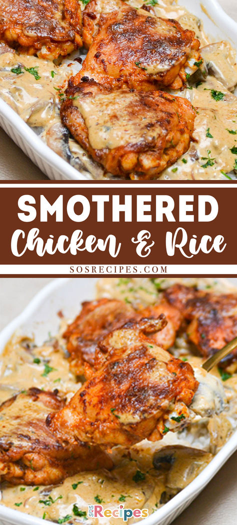 This recipe adopts the casserole style of a smothered chicken dish. Only more simple with almost none of the work for you. Cream of chicken soup and mushroom cream are used to make the gravy, so you won’t have to prepare it from scratch. What makes it a smothered chicken rice recipe is that it’s cooked on top of a layer of rice. Baked Chicken Over Rice Recipes, Smothered Chicken Cream Of Chicken Soup, Chicken Rice Cream Of Mushroom Soup Casserole, Chicken With Rice Recipes Easy, Smothered Chicken And Rice Recipes, Cream Of Mushroom Soup Rice, Chicken And Rice For Two, Chicken N Rice Recipes, Smothered Chicken Drumsticks