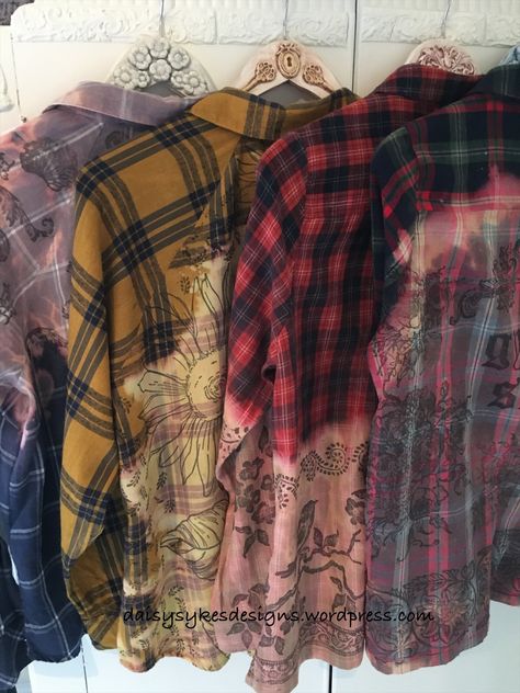 DaisySykesDesigns – Hand Crafted Items Bleaching Fabric, Bleached Clothing, Bleached Flannels, Flannel Upcycle, Repurpose Crafts, Bleach Designs, Flannel Shirt Refashion, Clothes Makeover, Quilt Coats