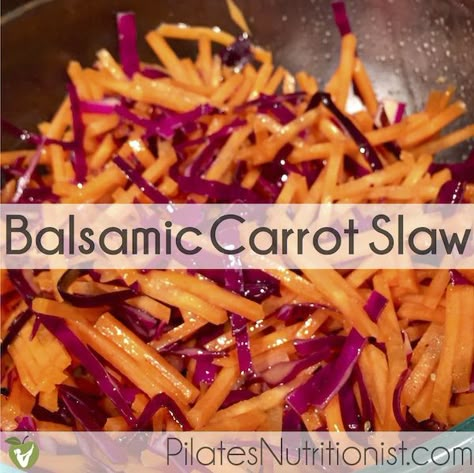 Balsamic Carrot Slaw Lily Nichols, Balsamic Carrots, Carrot Salad Recipes, Carrot Slaw, Healthy Vegetable Recipes, Carrot Salad, Carrot Recipes, Cooked Veggies, Red Cabbage