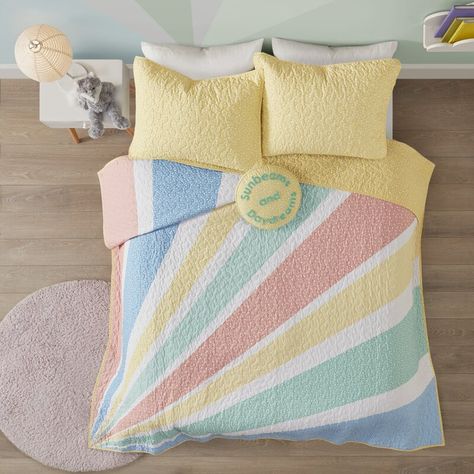 Latitude Run® Rory Rainbow Sunburst Reversible Comforter Set | Wayfair Childs Bed, Round Decorative Pillows, Rainbow Bedding, Urban Habitat, Sunburst Pattern, How To Clean Pillows, Cotton Quilt Set, Coverlet Bedding, Twin Quilt