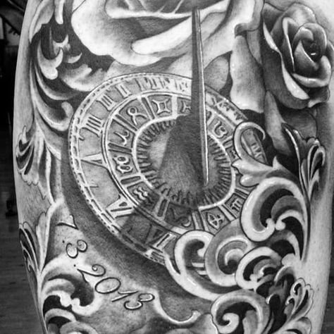 Sundial Tattoo Design, Sun Dial Tattoo, Sundial Tattoo, Knight Medieval, Sun Dial, Hourglass Tattoo, Tattoo Board, Memorial Tattoos, Book Tattoo