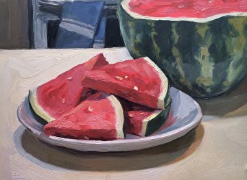 Watermelon Slices by Heather Martin, Oil, 9 x 12 Heather Martin, Food Paintings, Vegetable Painting, Food Painting, Watermelon Slices, Painting Subjects, Gouache Painting, Still Life Painting, Inspiration Ideas