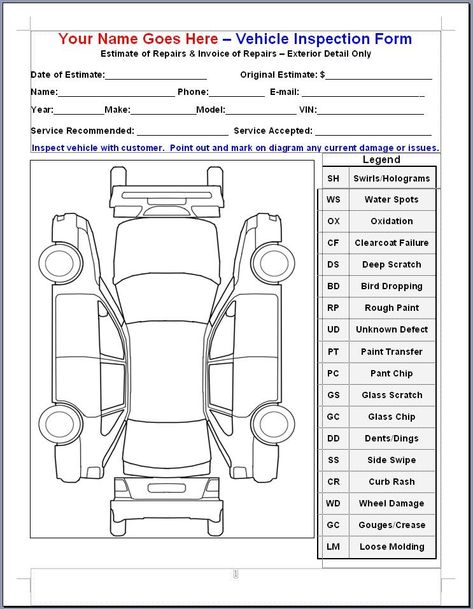 Mike Phillips VIF or Vehicle Inspection Form Car Detailing Diy, Vehicle Maintenance Schedule, Vehicle Inspection Pit, Used Car Inspection Checklist, Vehicle Inspection Form, Car Detailing Interior, Vehicle Maintenance Log, Car Inspection, Mobile Car Wash