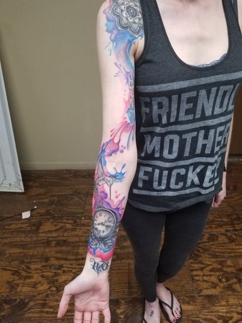 Watercolor tattoo sleeve Sleeve Watercolor Tattoo, Watercolour Tattoo Sleeve, Watercolor Arm Sleeve Tattoo, Watercolor Sleeve Tattoo, Watercolor Sleeve, Half Sleeve Girl, Watercolor Tattoo Design, Ocean Sleeve Tattoos, Watercolor Tattoo Sleeve