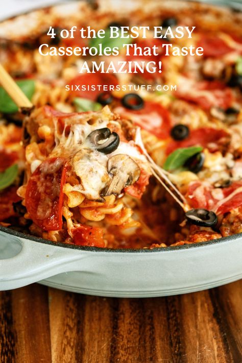 These are 4 of the BEST EASY Casseroles That Taste AMAZING and come together quickly on those busy nights. Perfect for families and easy weeknight dinners! Pizza Pasta Casserole Recipe, Teriyaki Chicken Casserole, Casserole Dinners, Pizza Pasta Casserole, Pizza Pasta Recipe, Tortellini Skewers, Easy Casseroles, Pasta Casserole Recipes, Cheesy Pizza