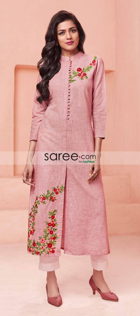 Thread Work Dress Designs, Thread Work Designs For Kurtis, Thread Work Kurti Designs Latest, Kurti Designs Latest Embroidery, Pink Embroidery Kurti, Embroidery Kurti Designs Latest, New Latest Kurti Design, Embroidery Kurti Design, Pink Cotton Kurti