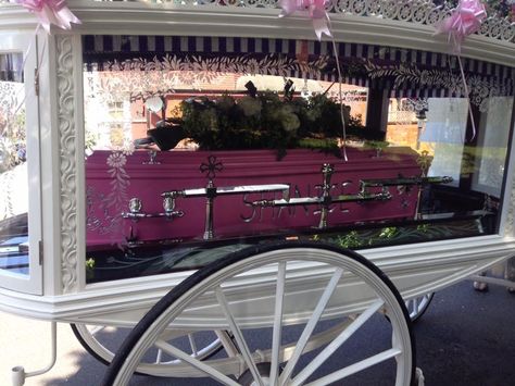 Pink Coffin Aesthetic, Furneal Ideas, Coffin Aesthetics, Aesthetic Coffins, Pretty Coffins, Horse Drawn Carriage, Pink Coffin, Last Ride, Trashy Y2k