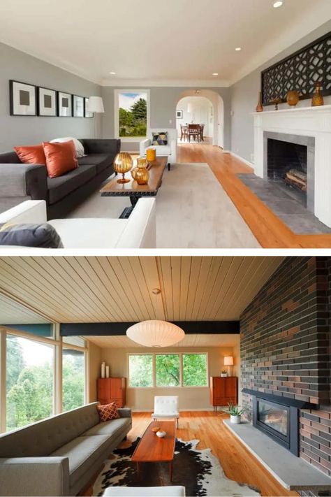 2 Orange and Gray Living Room Ideas Compared Each with Hardwood Flooring and a Fireplace Orange Hardwood Floors Living Rooms, Orange Floor Living Room, Orange And Gray Living Room, Which Aesthetic, Gray Living Rooms, Gray Living Room Ideas, Grey Sofa Set, Living Room Color Combination, Living Room Hardwood Floors