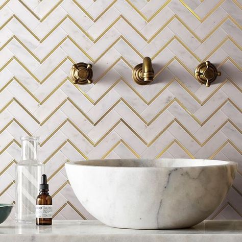 Marble Herringbone, Gold Tile, White Wall Tiles, Mosaic Tile Backsplash, Stone Backsplash, Metal Tile, Marble Mosaic Tiles, Mosaic Wall Tiles, Accent Tile