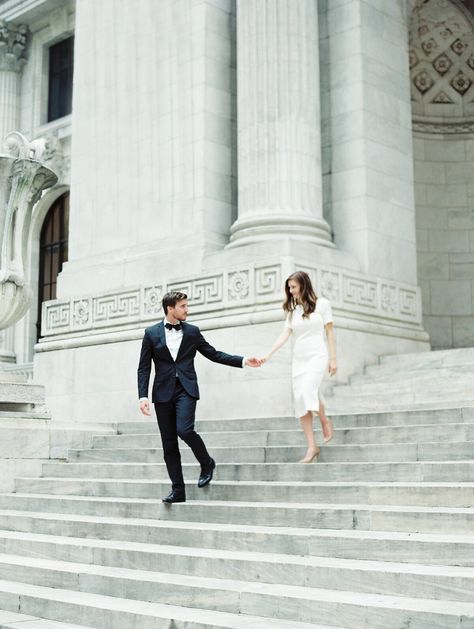 city hall wedding groom holding brides hand descending stairs City Hall Dress, Wedding Photos City, Romantic Poses, City Hall Wedding Photos, Pasadena City Hall, Philadelphia City Hall, New York City Hall, Courthouse Wedding Photos, Casual Bride