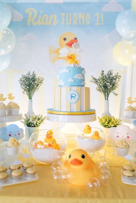 Rubber Ducky First Birthday Party, First Birthday Duck Theme, Duck Birthday Party Ideas, Duck Themed 1st Birthday, Rubber Duck First Birthday, Rubber Duck Birthday Party Ideas, Ducky Birthday Party, Rubber Duck Birthday Party, Duck 1st Birthday