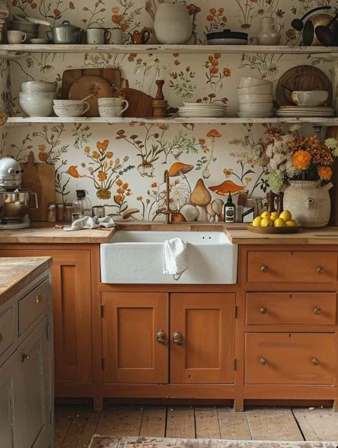 Authentic Cottagecore Kitchen Ideas to Feel Like Cooking in an Enchanted Story - The Mood Guide Vintage Cottagecore Interior, Vintage Cottagecore Kitchen, Kitchen Ideas Cottagecore, Cottage Kitchen Wallpaper, Cottagecore Aesthetic Kitchen, Cottagecore House Aesthetic, Cottagecore Kitchen Aesthetic, Merry Mushroom Kitchen, Grandmacore Kitchen