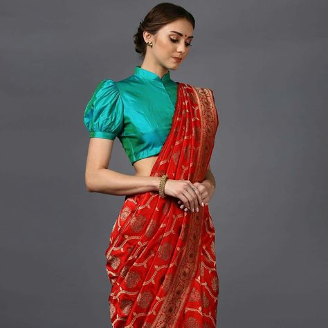 Benarasi saree n puff sleeve blouse Latest Blouse Designs, Saree Blouse Neck Designs, Blouse Back Neck Designs, Sari Blouse Designs, Indian Saree Blouses Designs, Blouse Designs Indian, Silk Saree Blouse Designs, Blouse Designs Silk, Elegant Blouse Designs