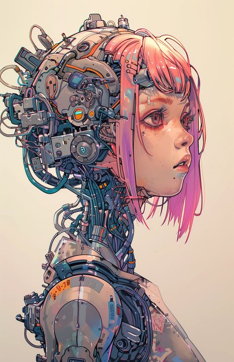 Creative vision selected by ThetaCursed, License: CC BY-NC 4.0 Robot People Art, Pink Cyberpunk, Woman With Pink Hair, Robot Head, Cybergoth Anime, Cyborgs Art, Robot Illustration, Cyberpunk Girl, Gothic Fantasy Art