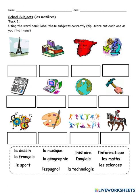 School subjects online exercise for 7 French School, Interactive Activities, School Subjects, Online Workouts, Google Classroom, Subjects, Colorful Backgrounds, Google Search