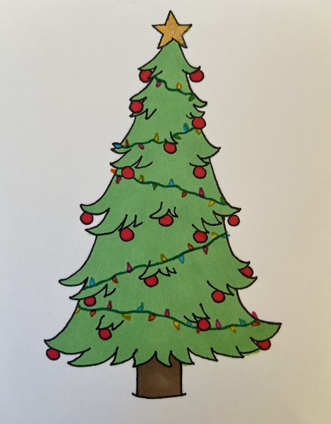 Aesthetic Christmas Tree Drawing, Crismas Drawings Ideas Cute, Christmas Drawing Tree, Christmas Tree Drawing Aesthetic, Christmas Tree Anime, Christmas Doodles Ideas, Cute Christmas Tree Drawing, Drawing Of A Christmas Tree, Christmas Tree Drawings